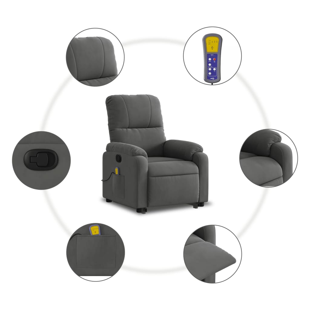 vidaXL Sillón reclinable masaje elevable tela microfibra gris oscuro