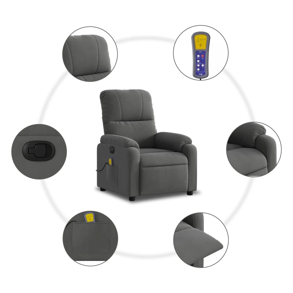 vidaXL Sillón masaje eléctrico reclinable elevable tela gris oscuro