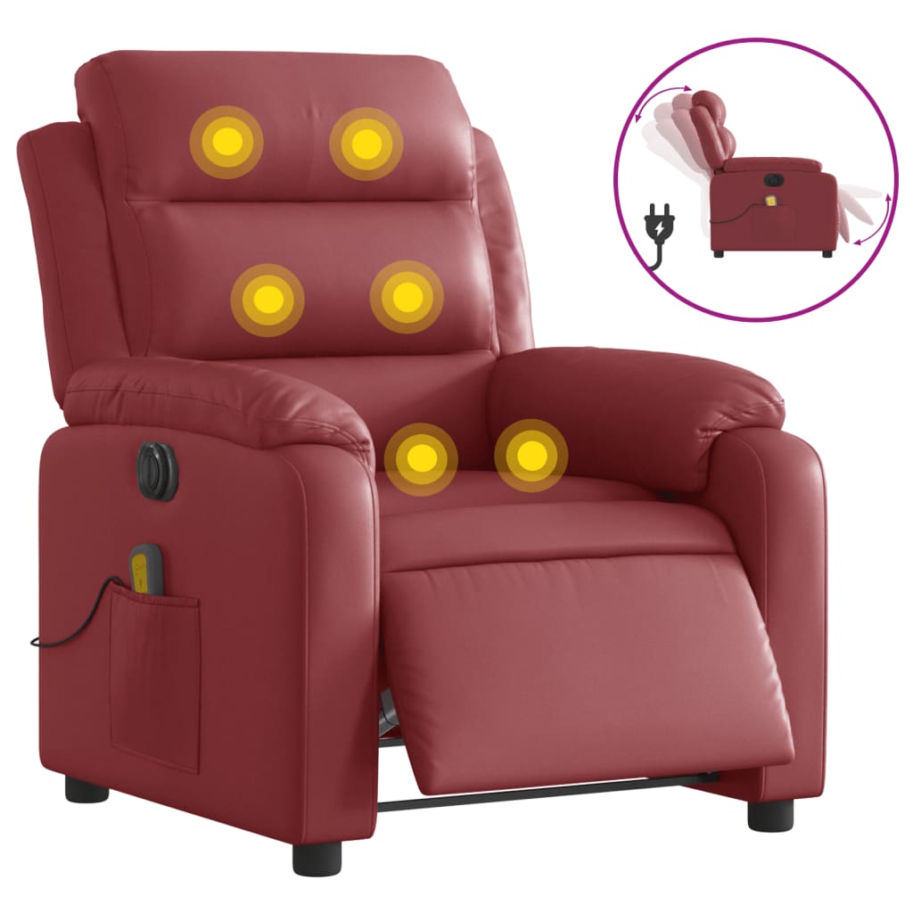 vidaXL Sillón masaje reclinable eléctrico cuero sintético rojo tinto