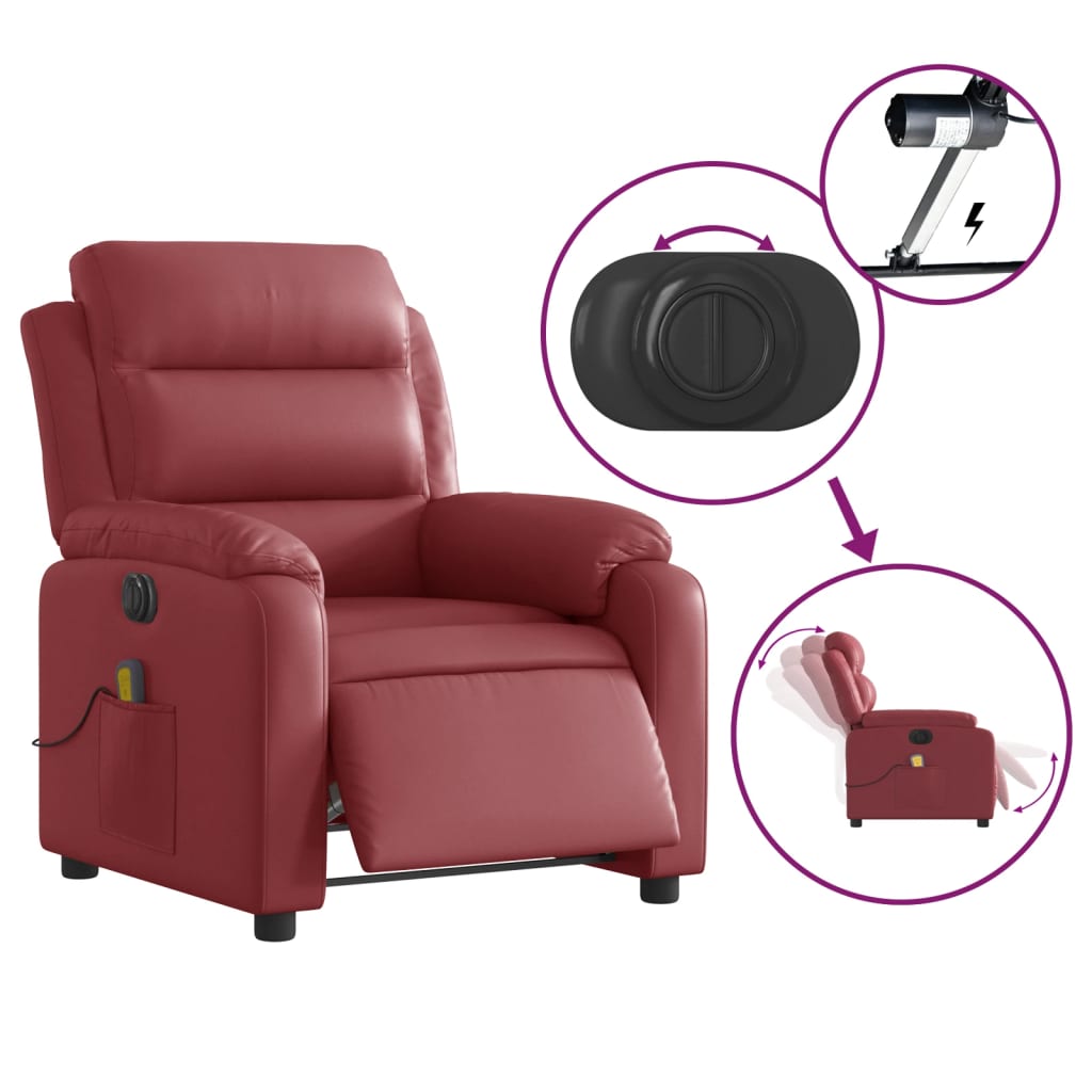 vidaXL Sillón masaje reclinable eléctrico cuero sintético rojo tinto