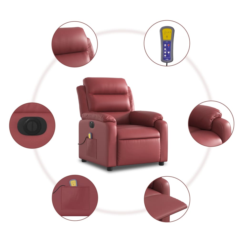 vidaXL Sillón masaje reclinable eléctrico cuero sintético rojo tinto