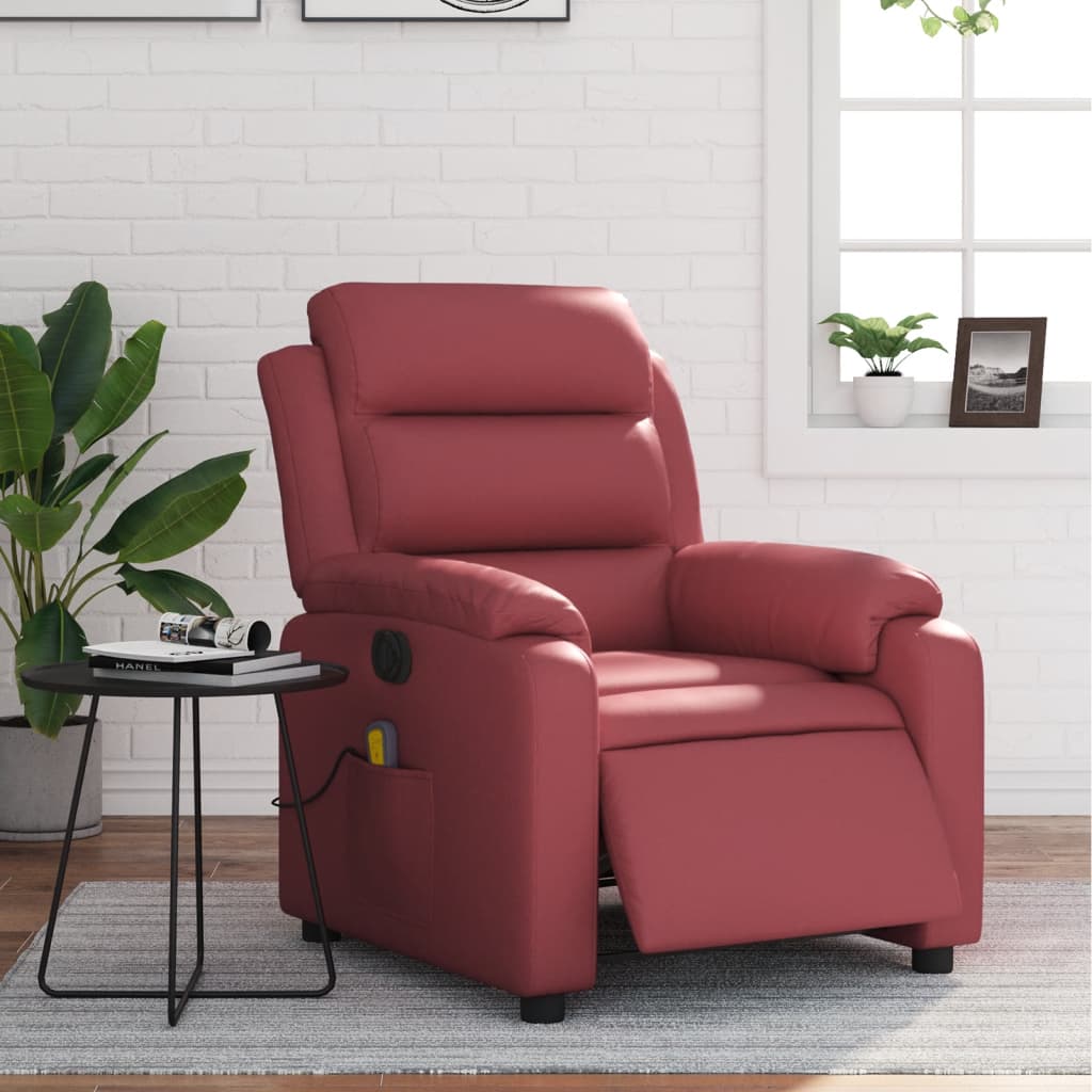 vidaXL Sillón masaje reclinable eléctrico cuero sintético rojo tinto