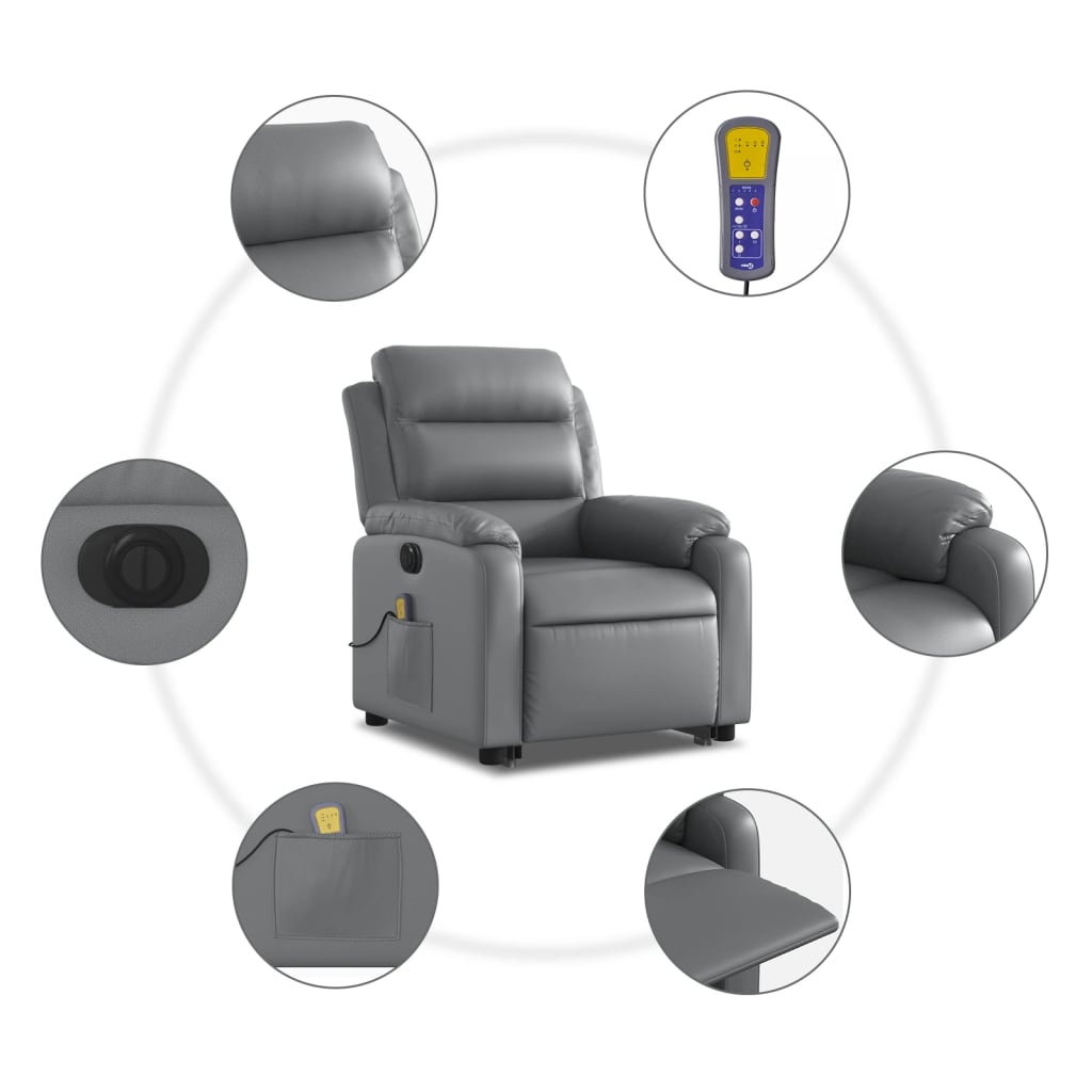 vidaXL Sillón de masaje elevable eléctrico cuero sintético gris