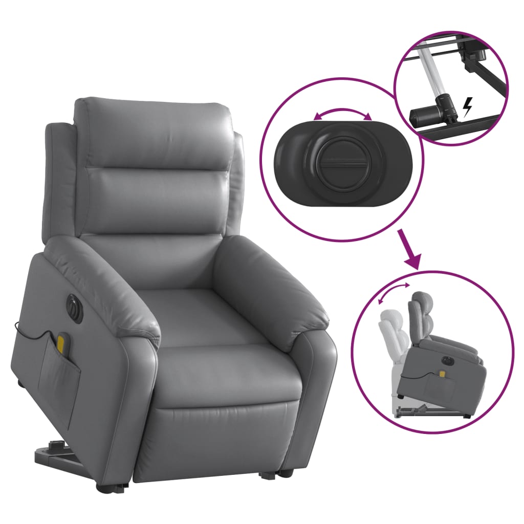 vidaXL Sillón de masaje elevable eléctrico cuero sintético gris