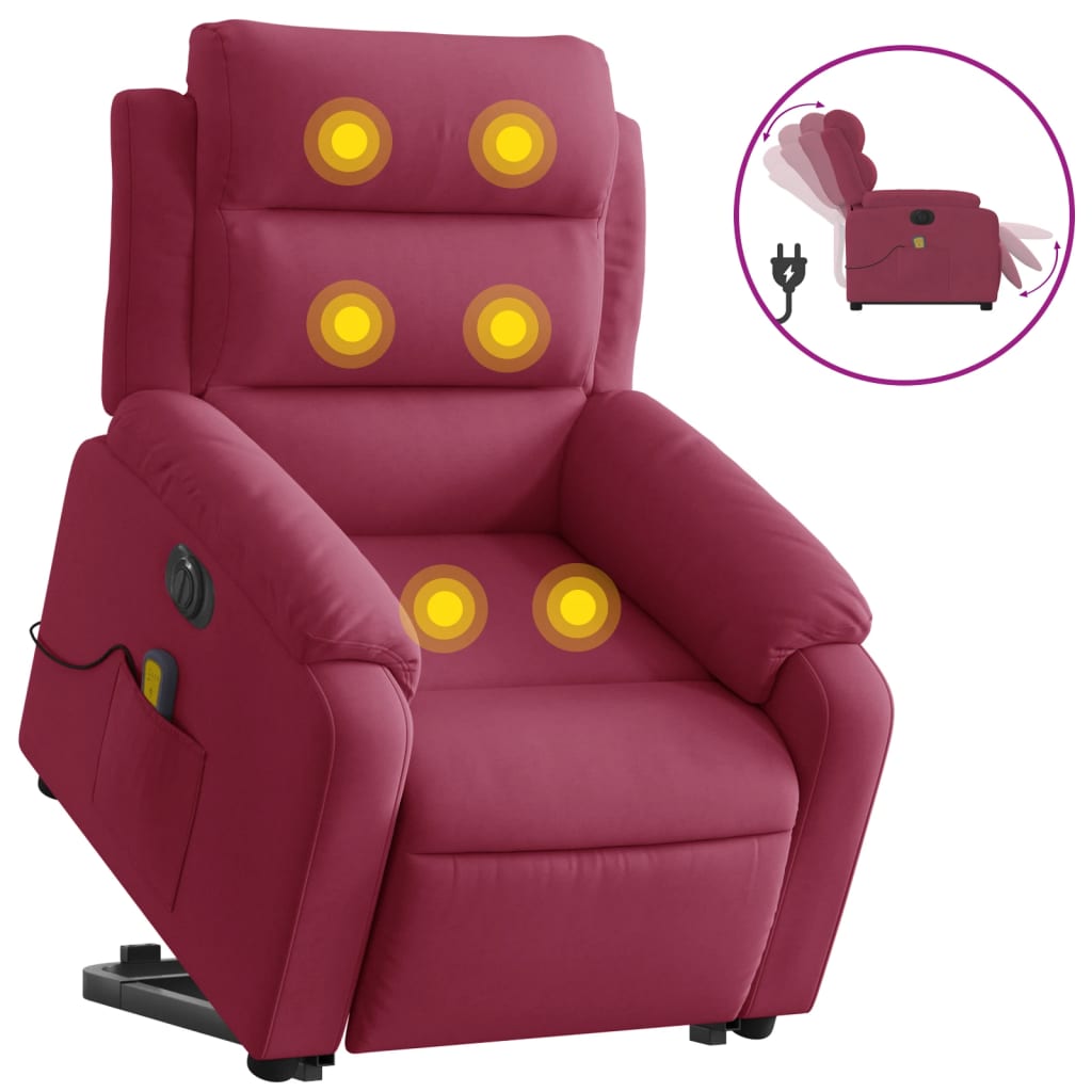 vidaXL Sillón de masaje reclinable elevable terciopelo rojo tinto