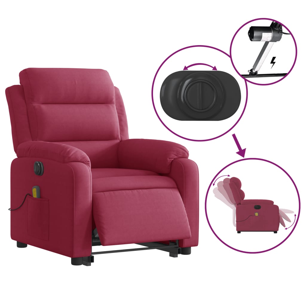 vidaXL Sillón de masaje reclinable elevable terciopelo rojo tinto