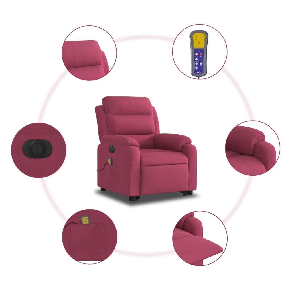 vidaXL Sillón de masaje reclinable elevable terciopelo rojo tinto