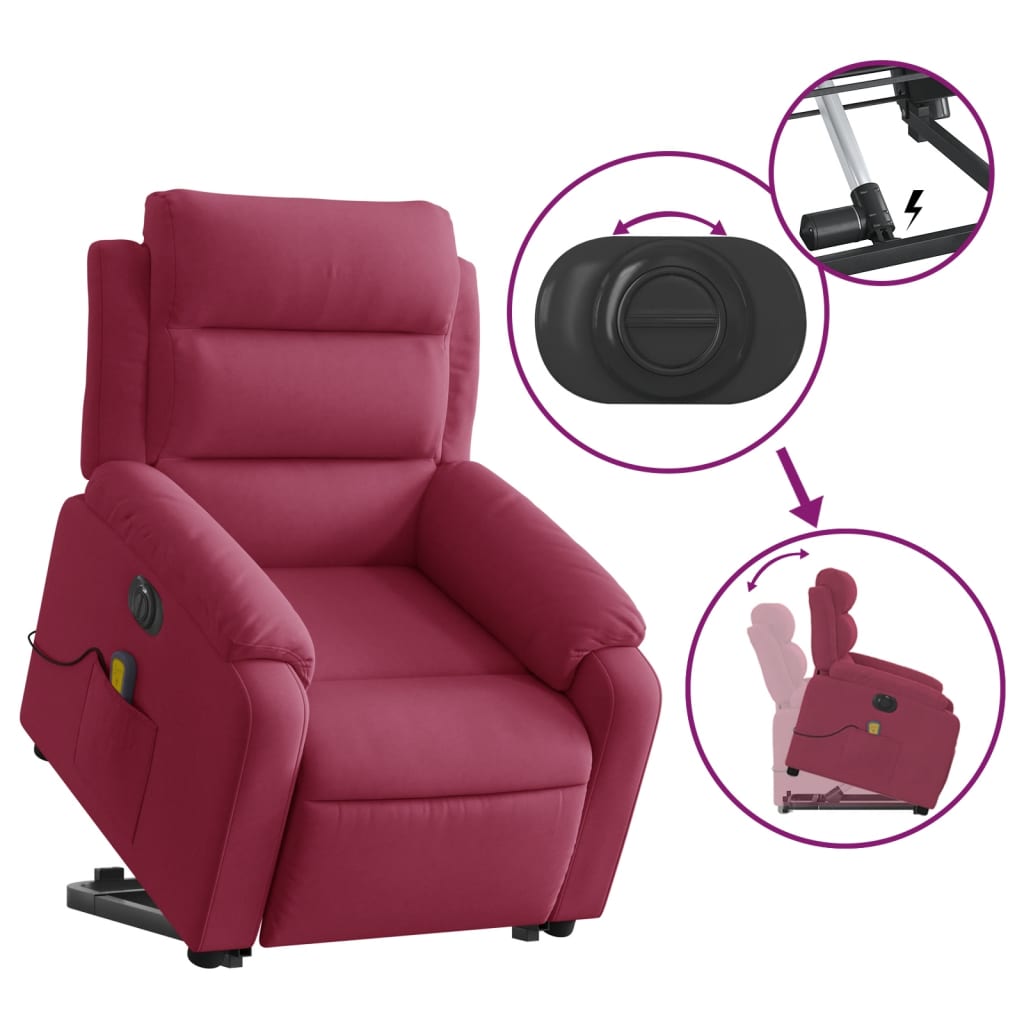 vidaXL Sillón de masaje reclinable elevable terciopelo rojo tinto