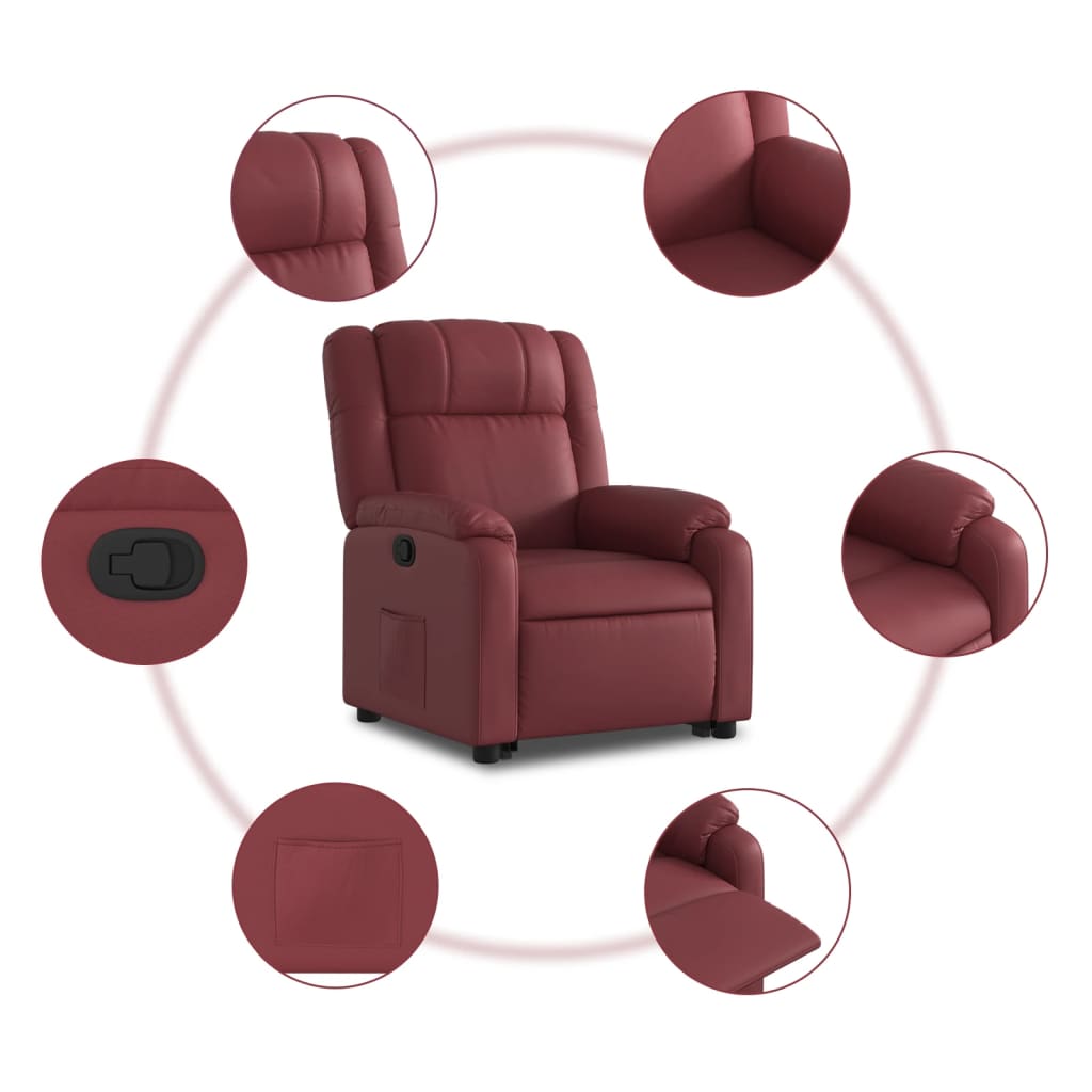 vidaXL Sillón reclinable elevable cuero artificial rojo tinto