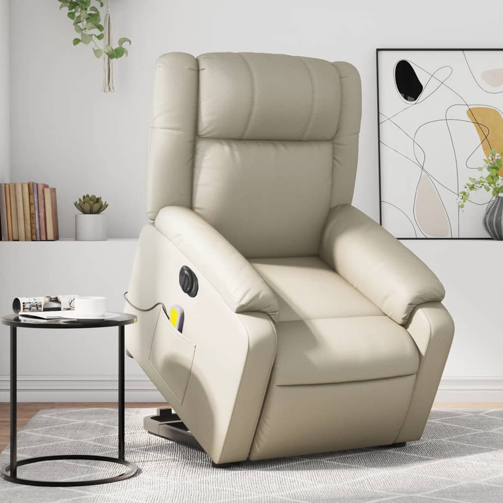 vidaXL Sillón de masaje elevable eléctrico cuero sintético crema