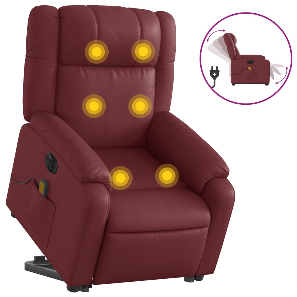 vidaXL Sillón de masaje elevable eléctrico cuero artificial rojo tinto