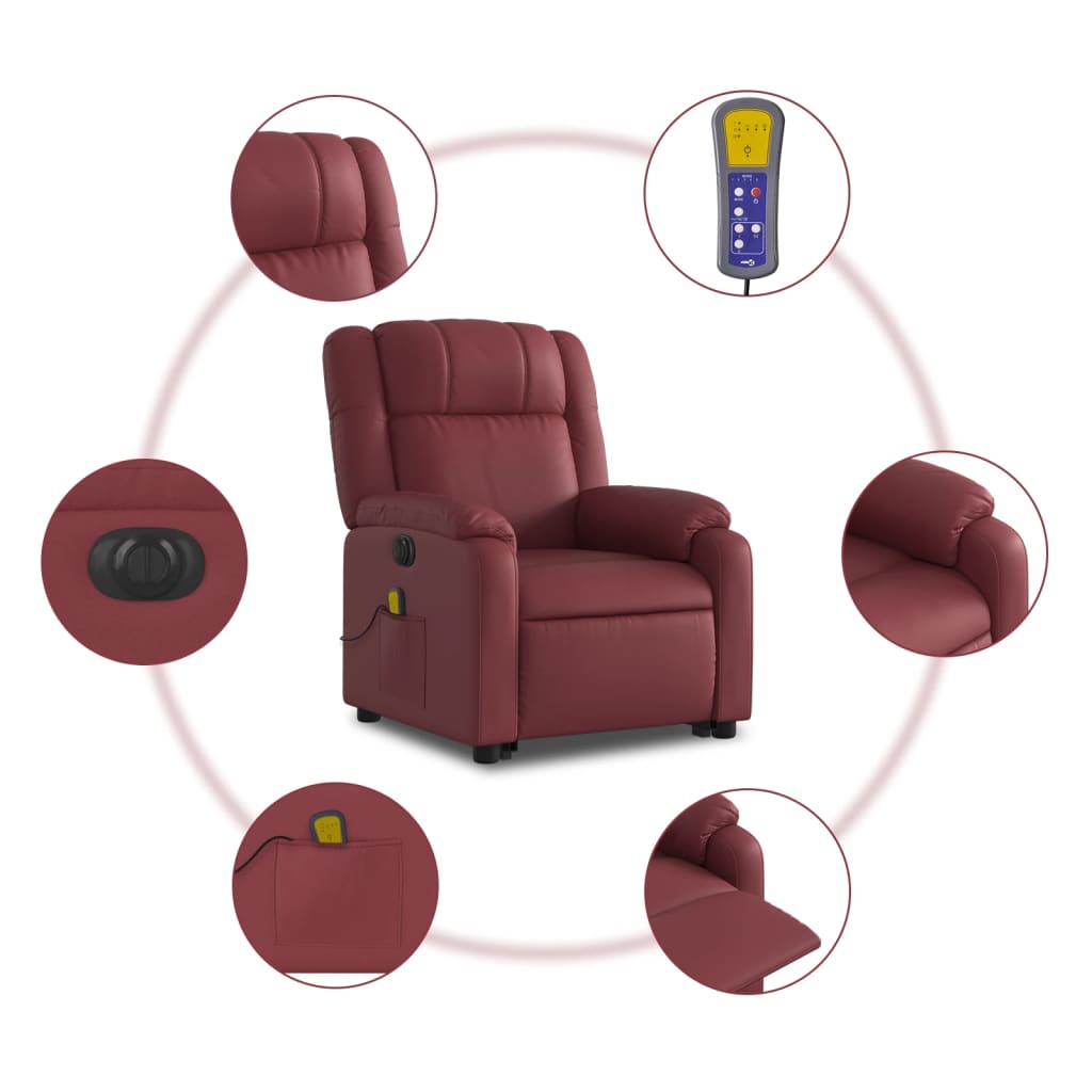 vidaXL Sillón de masaje elevable eléctrico cuero artificial rojo tinto