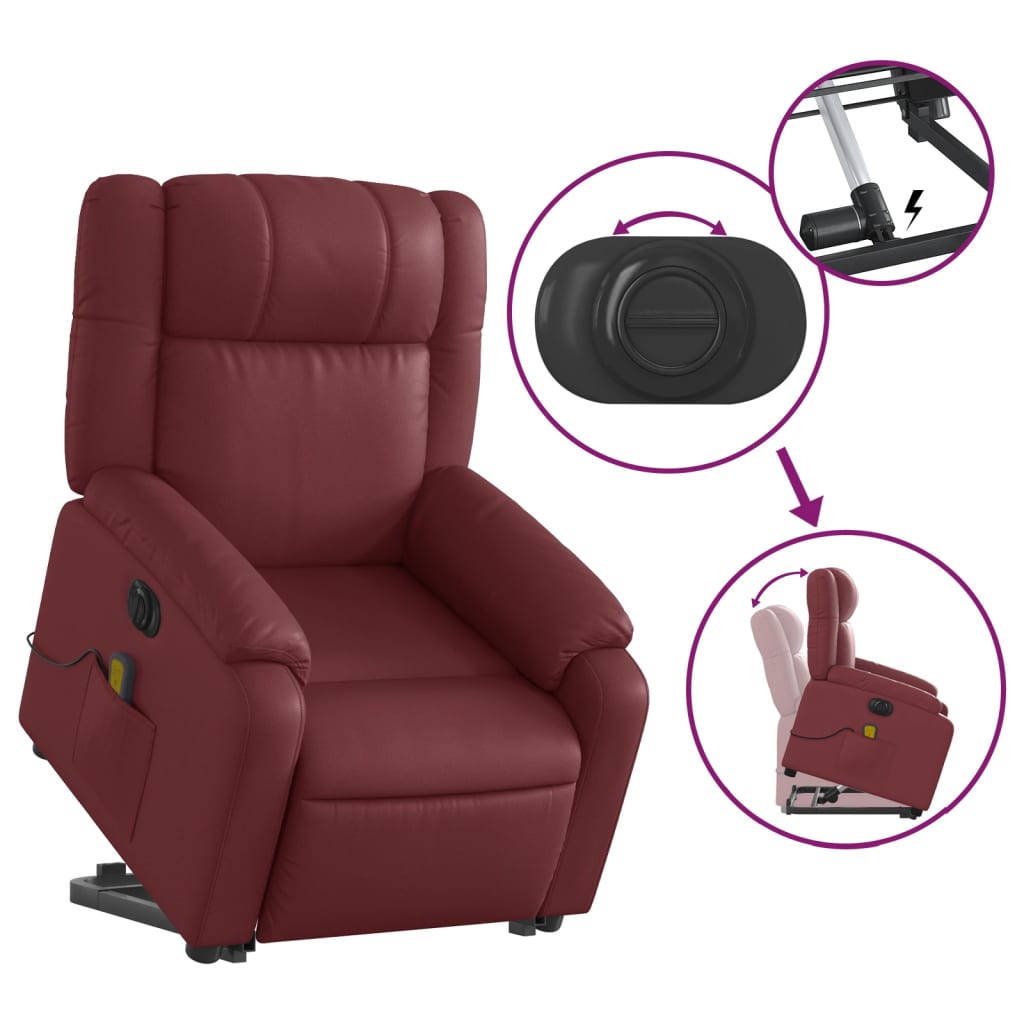 vidaXL Sillón de masaje elevable eléctrico cuero artificial rojo tinto