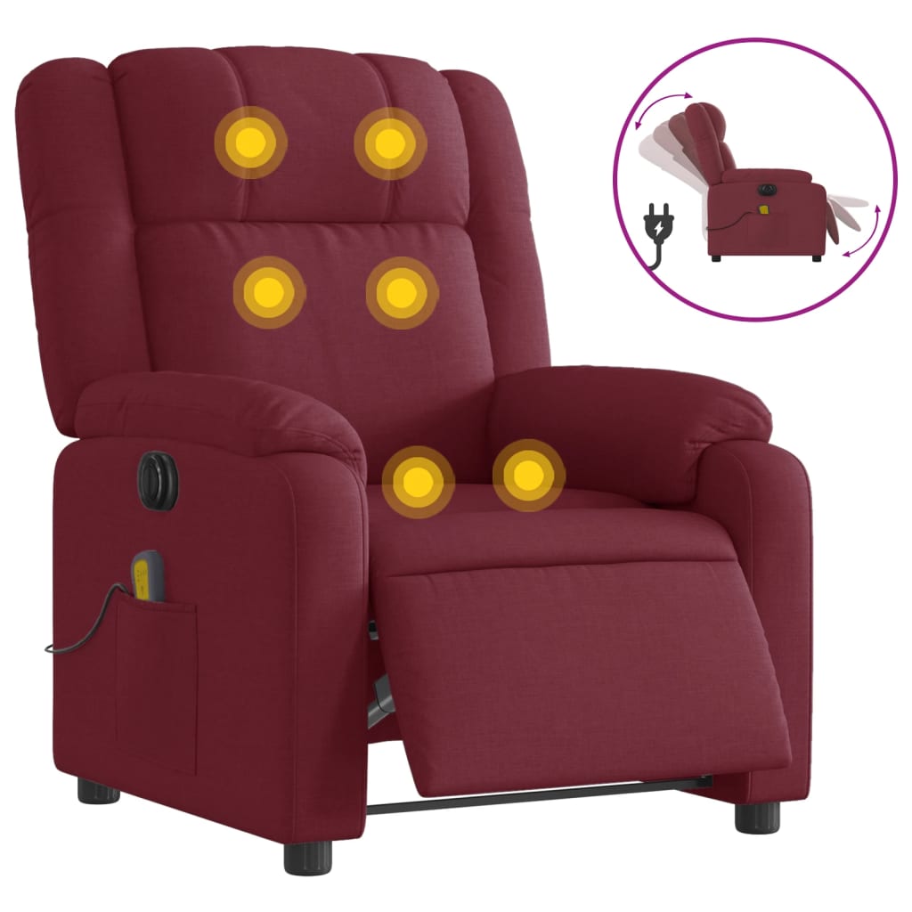 vidaXL Sillón de masaje reclinable eléctrico tela rojo tinto