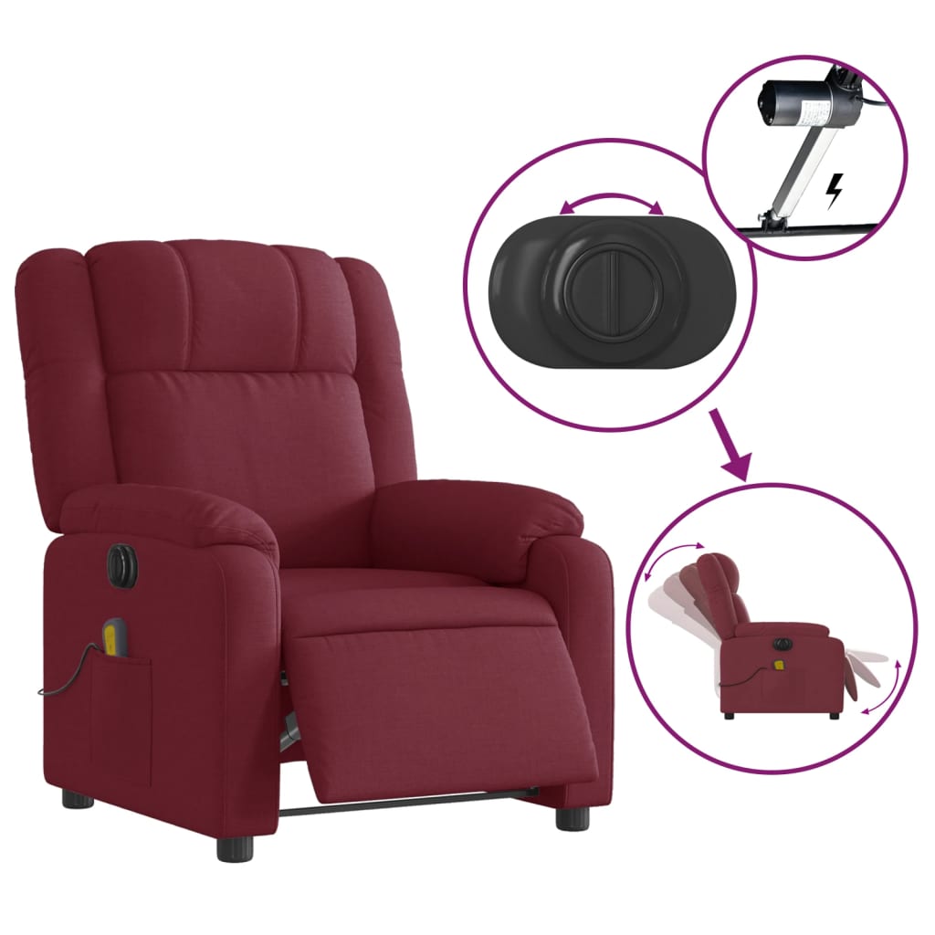 vidaXL Sillón de masaje reclinable eléctrico tela rojo tinto