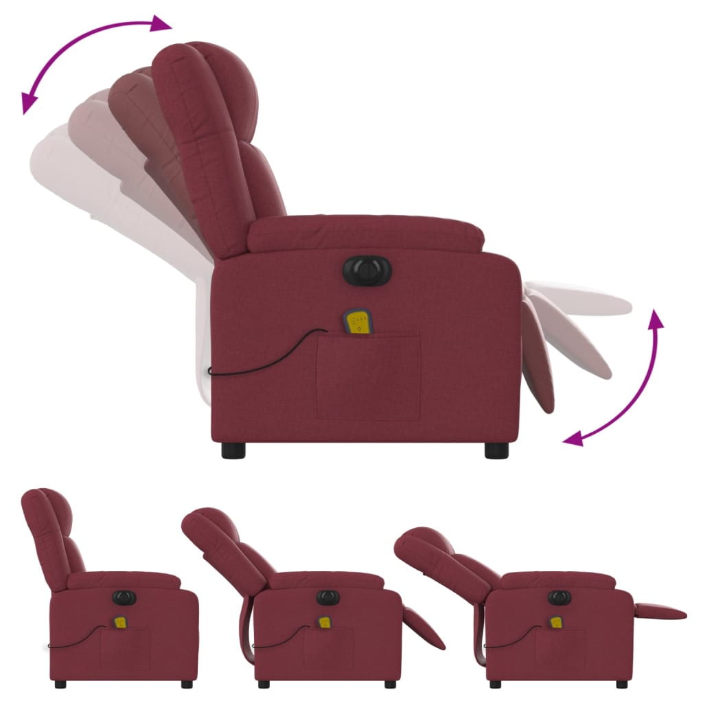 vidaXL Sillón de masaje reclinable eléctrico tela rojo tinto