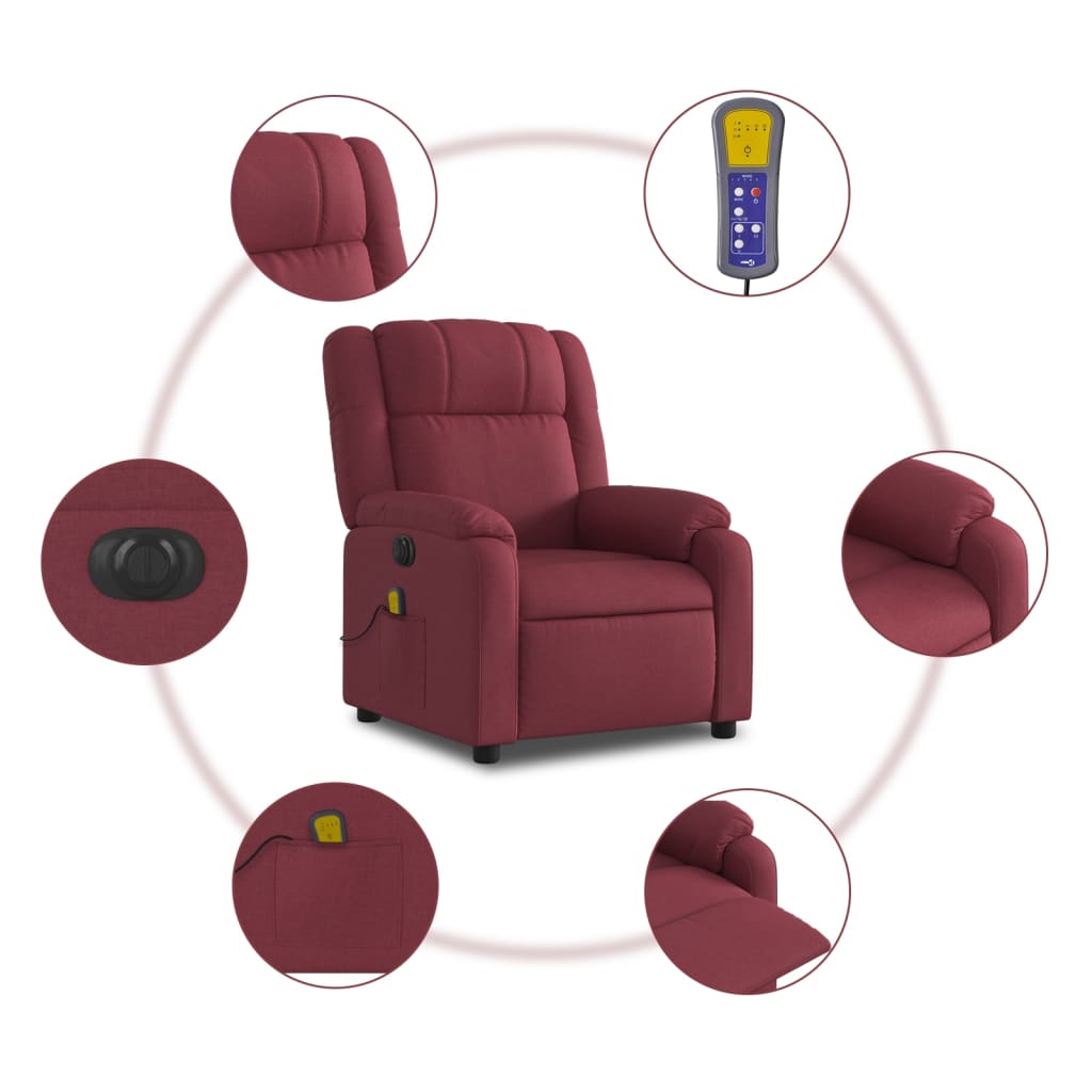 vidaXL Sillón de masaje reclinable eléctrico tela rojo tinto