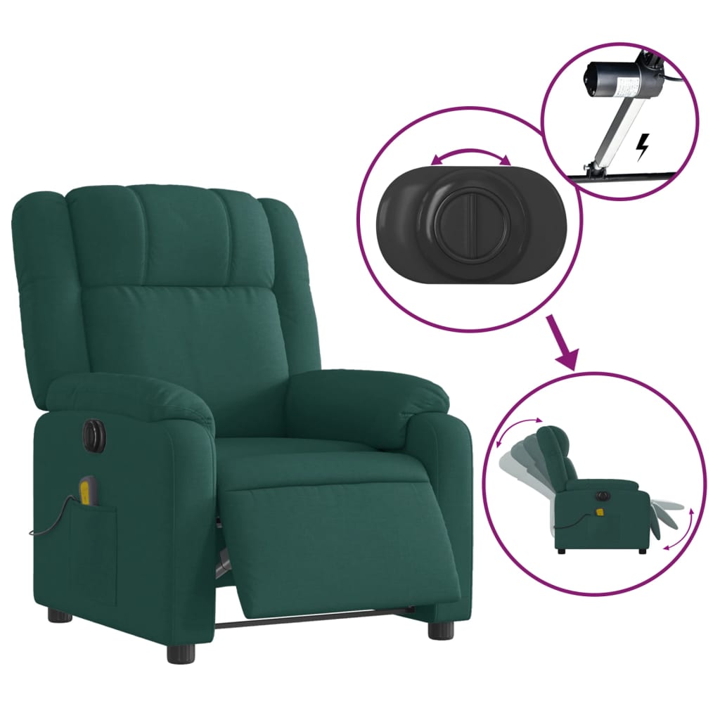 vidaXL Sillón reclinable de masaje eléctrico tela verde oscuro