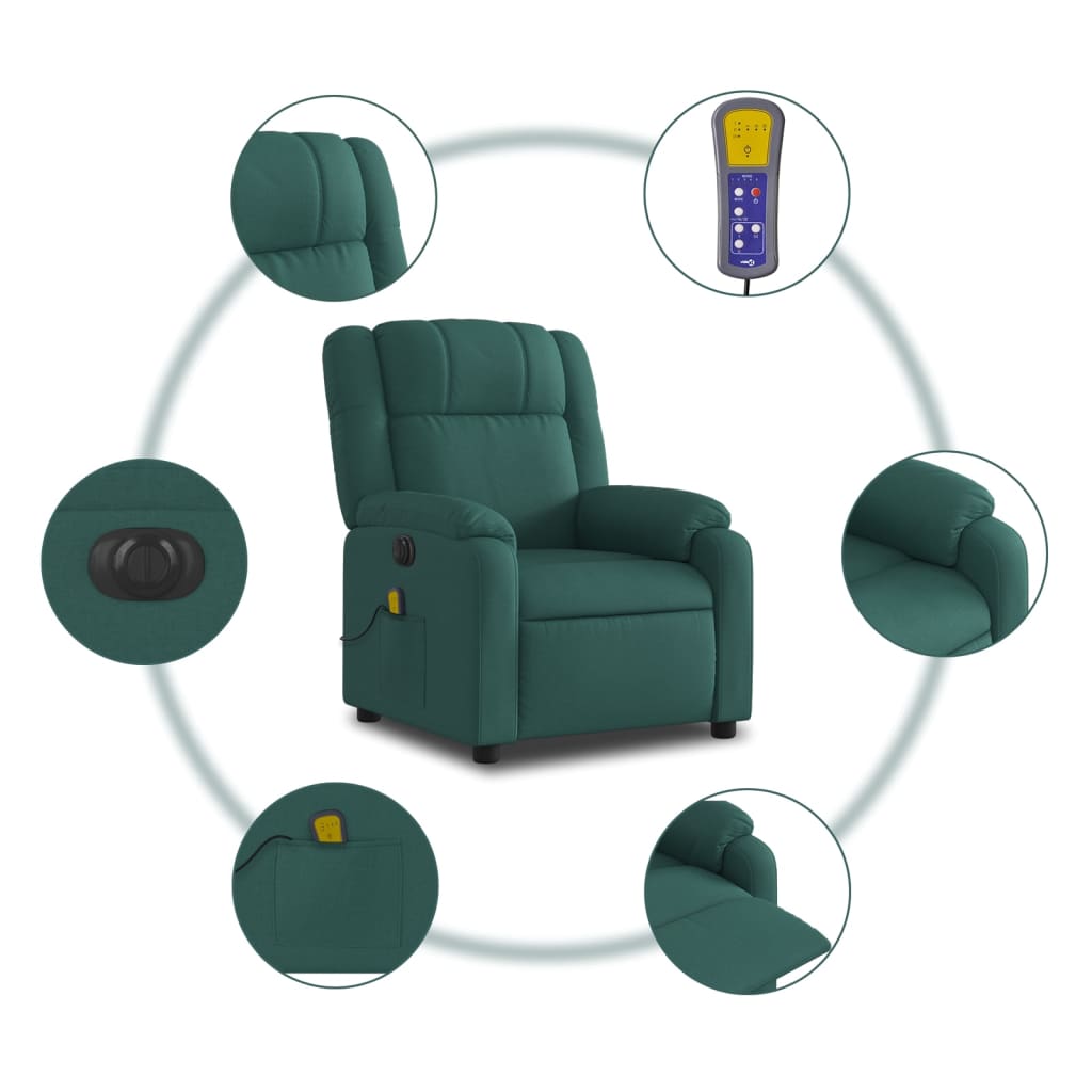 vidaXL Sillón reclinable de masaje eléctrico tela verde oscuro