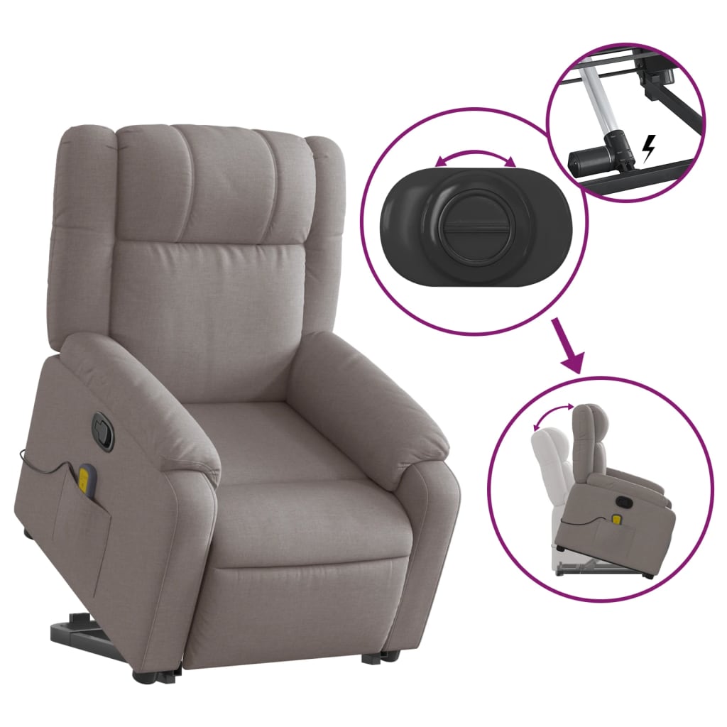 vidaXL Sillón reclinable de masaje elevable tela gris taupé