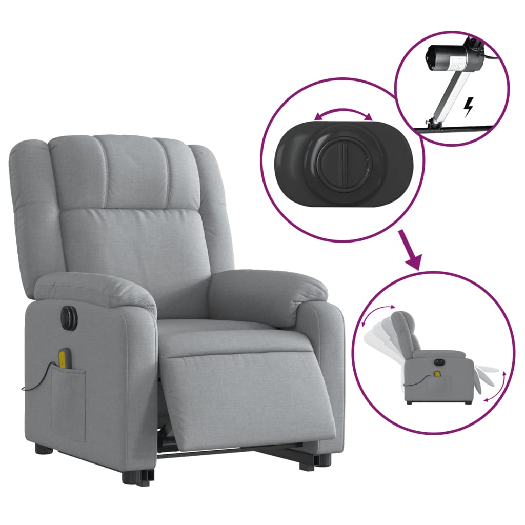 vidaXL Sillón de masaje eléctrico reclinable elevable tela gris claro