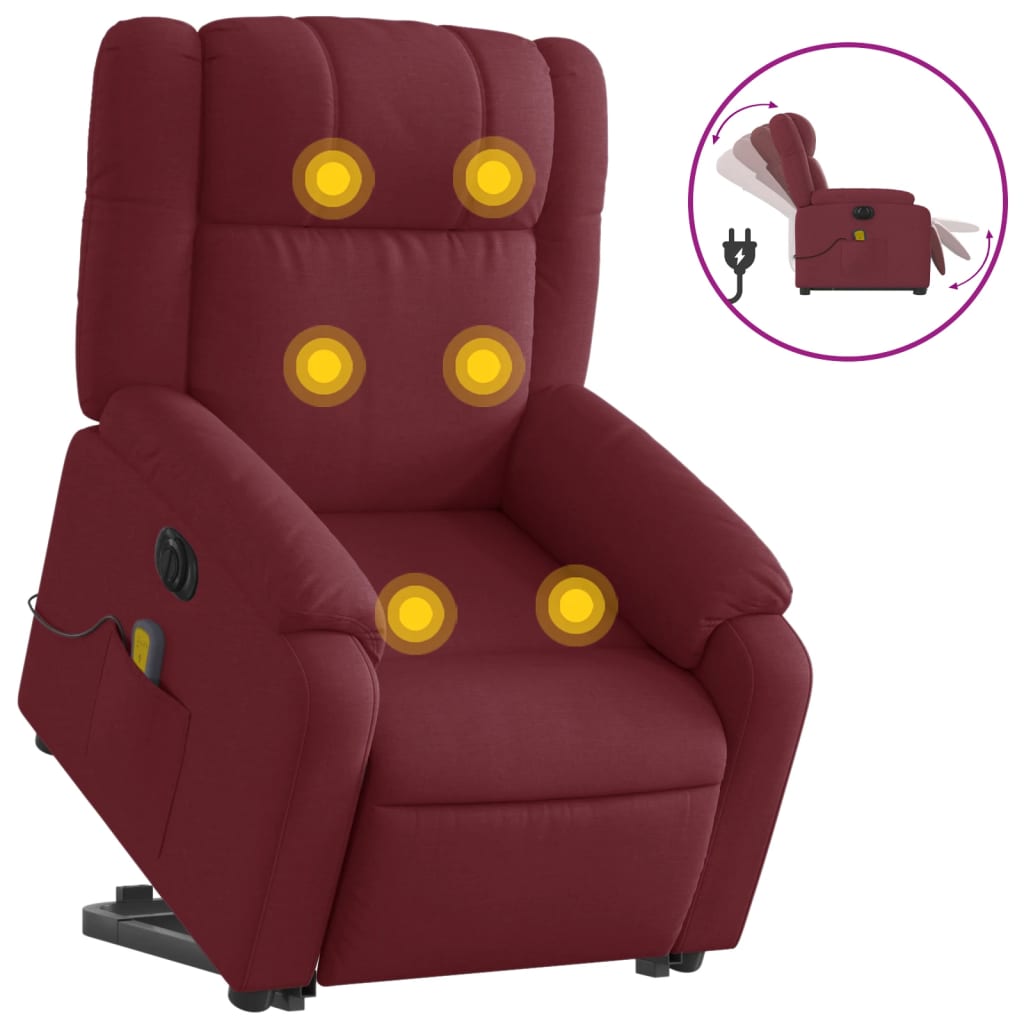 vidaXL Sillón de masaje eléctrico reclinable elevable tela rojo tinto