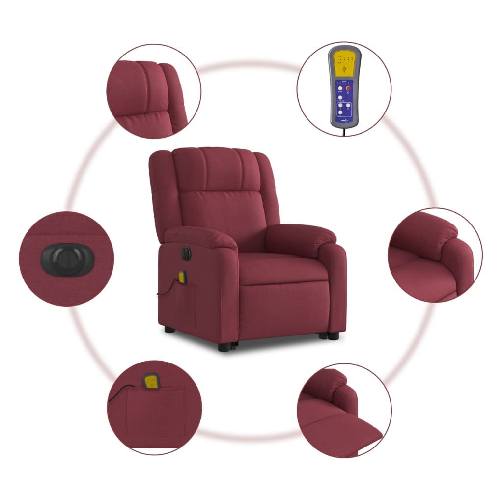 vidaXL Sillón de masaje eléctrico reclinable elevable tela rojo tinto