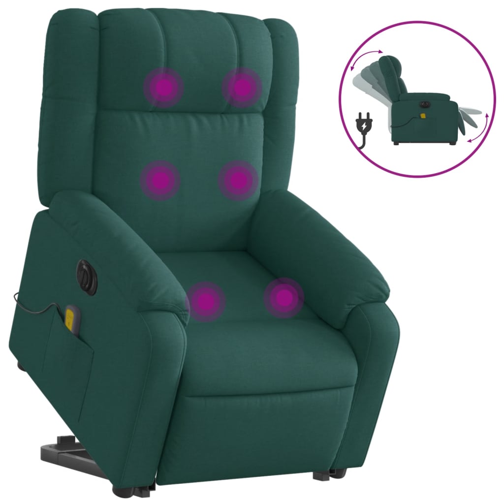 vidaXL Sillón masaje eléctrico reclinable elevable tela verde oscuro