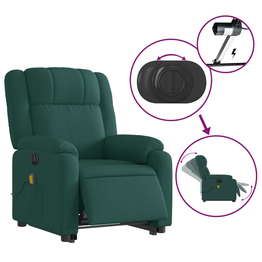 vidaXL Sillón masaje eléctrico reclinable elevable tela verde oscuro