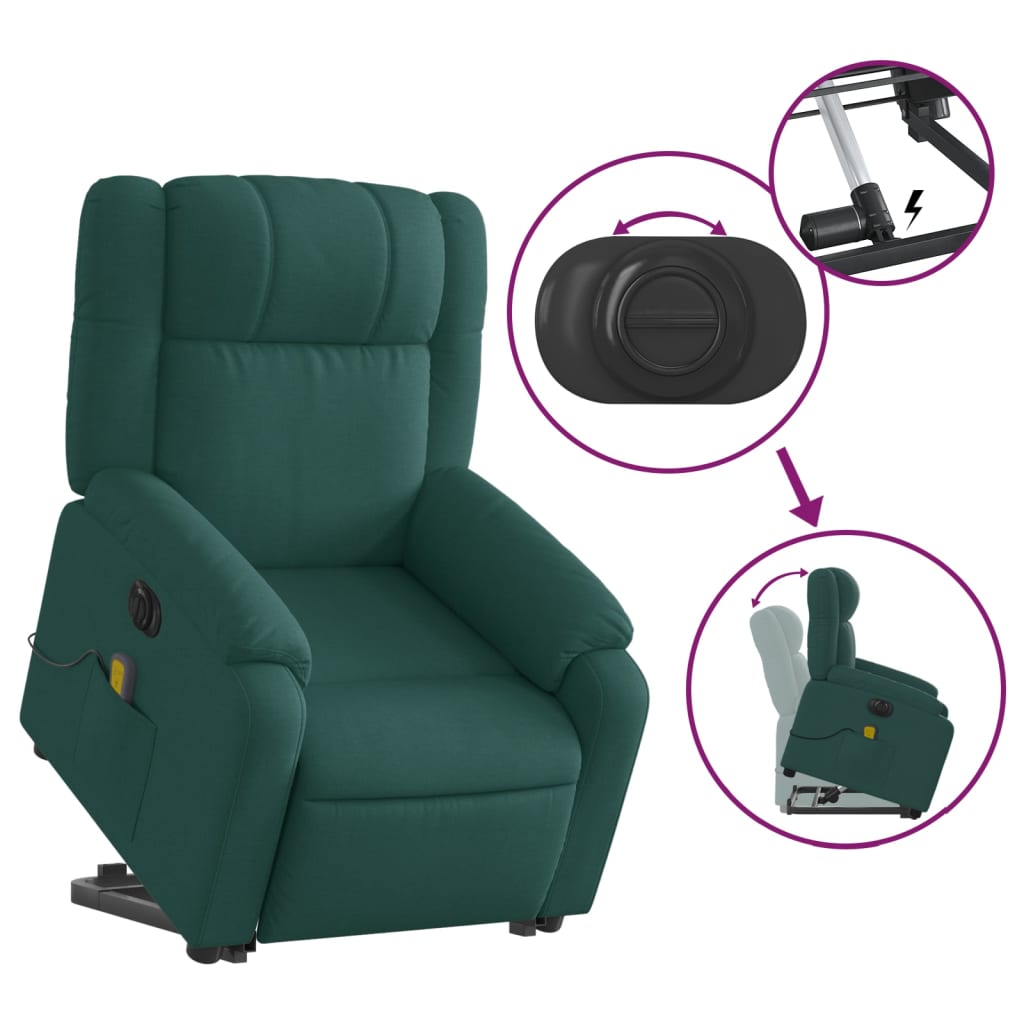 vidaXL Sillón masaje eléctrico reclinable elevable tela verde oscuro