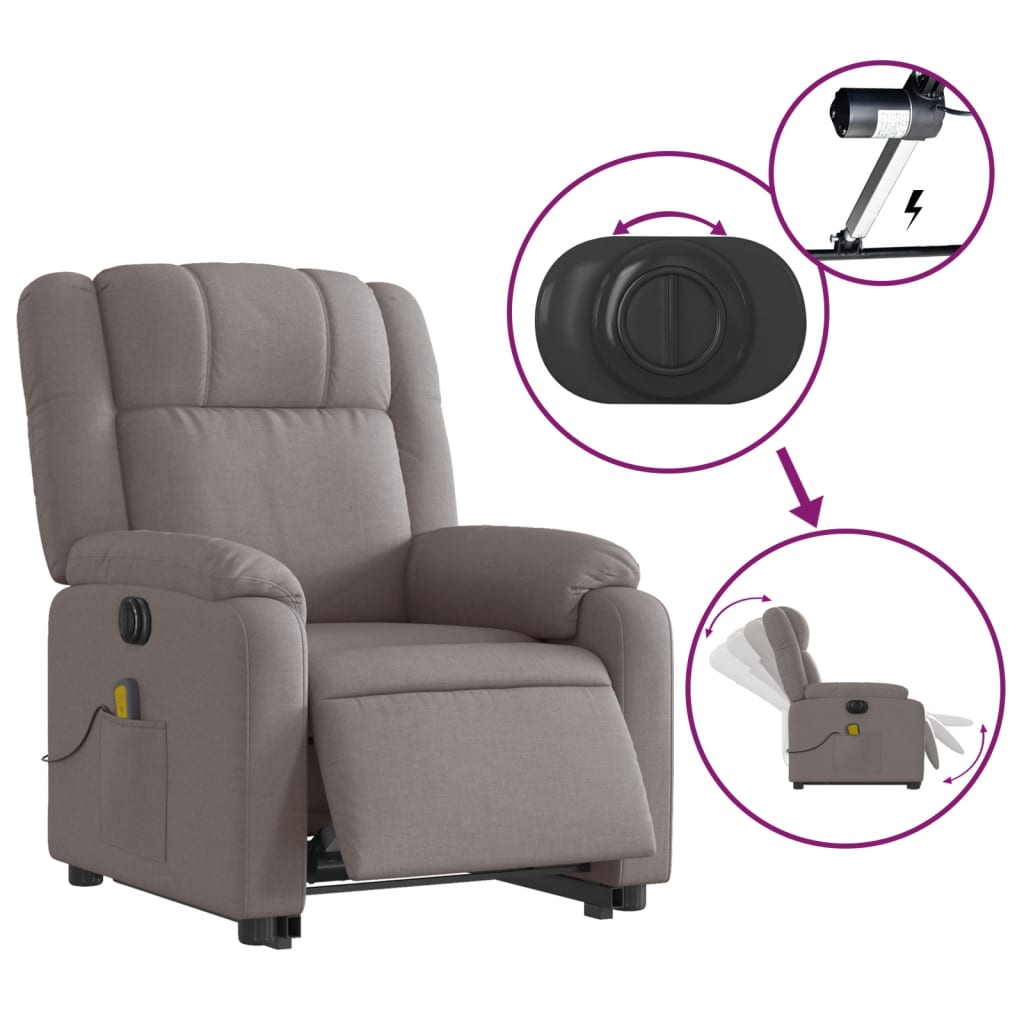 vidaXL Sillón de masaje eléctrico reclinable elevable tela taupé