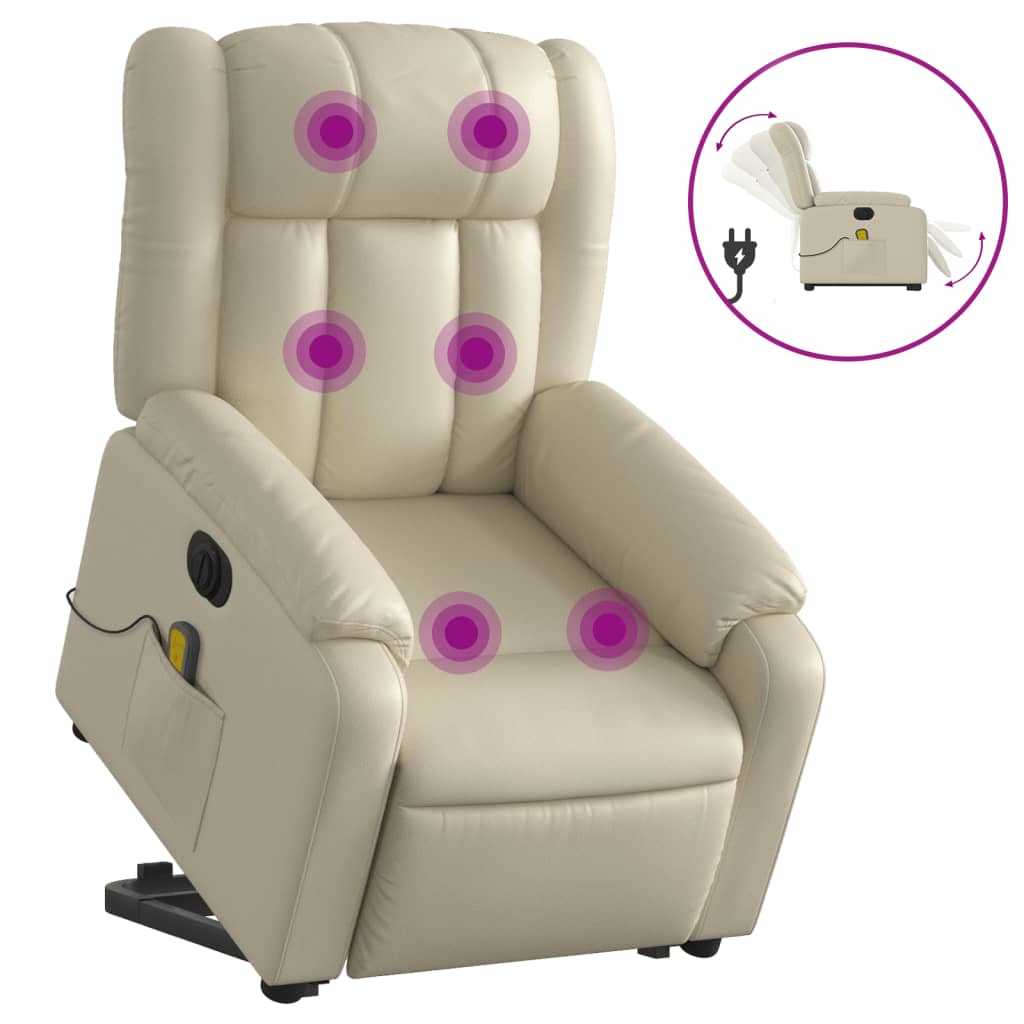 vidaXL Sillón de masaje elevable eléctrico cuero sintético crema