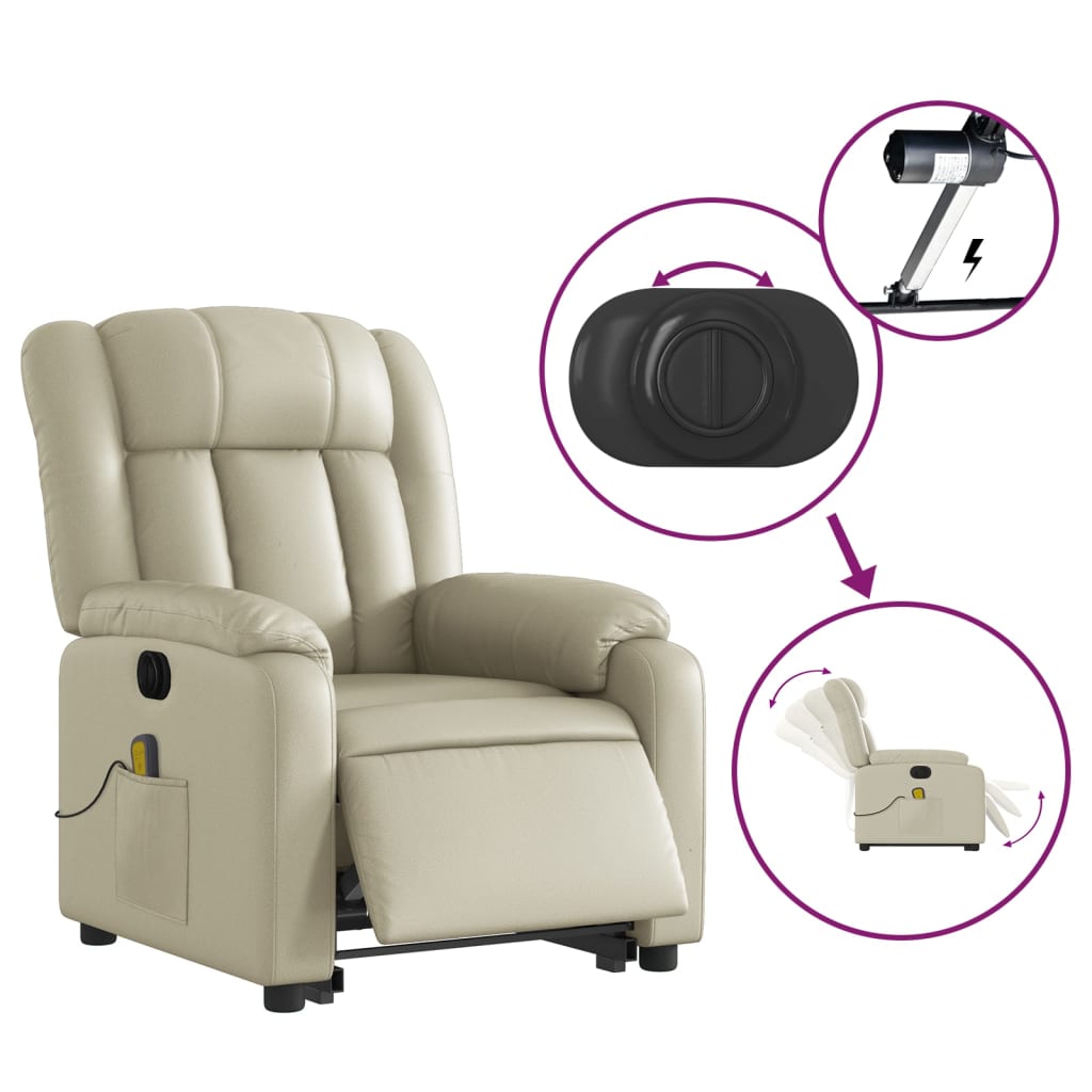 vidaXL Sillón de masaje elevable eléctrico cuero sintético crema