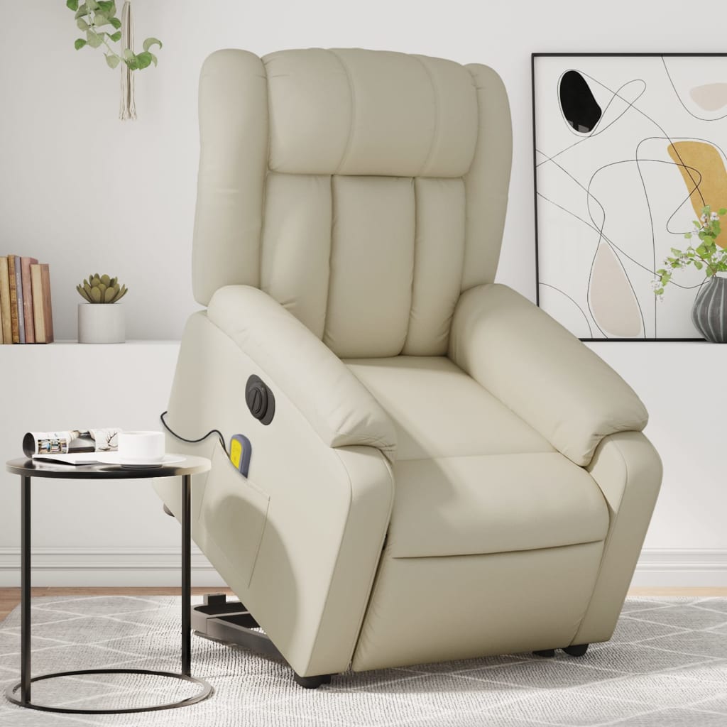 vidaXL Sillón de masaje elevable eléctrico cuero sintético crema