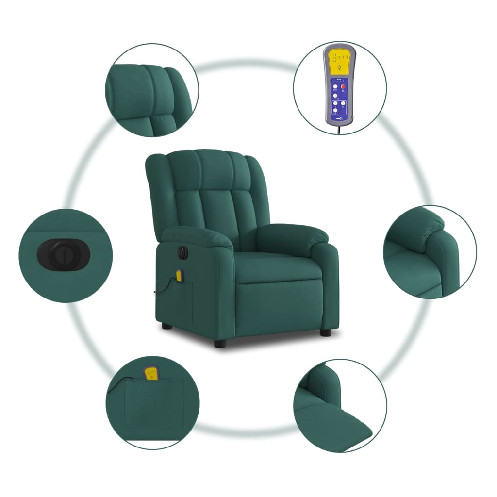 vidaXL Sillón reclinable de masaje eléctrico tela verde oscuro