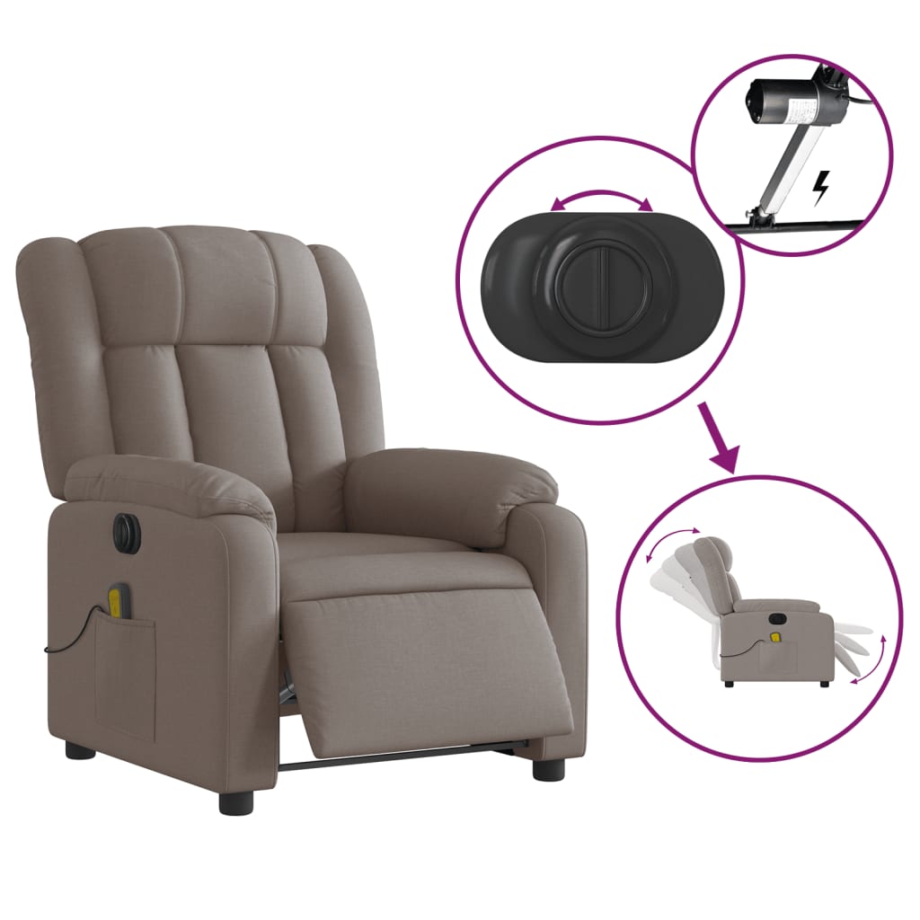 vidaXL Sillón reclinable de masaje eléctrico tela gris taupe