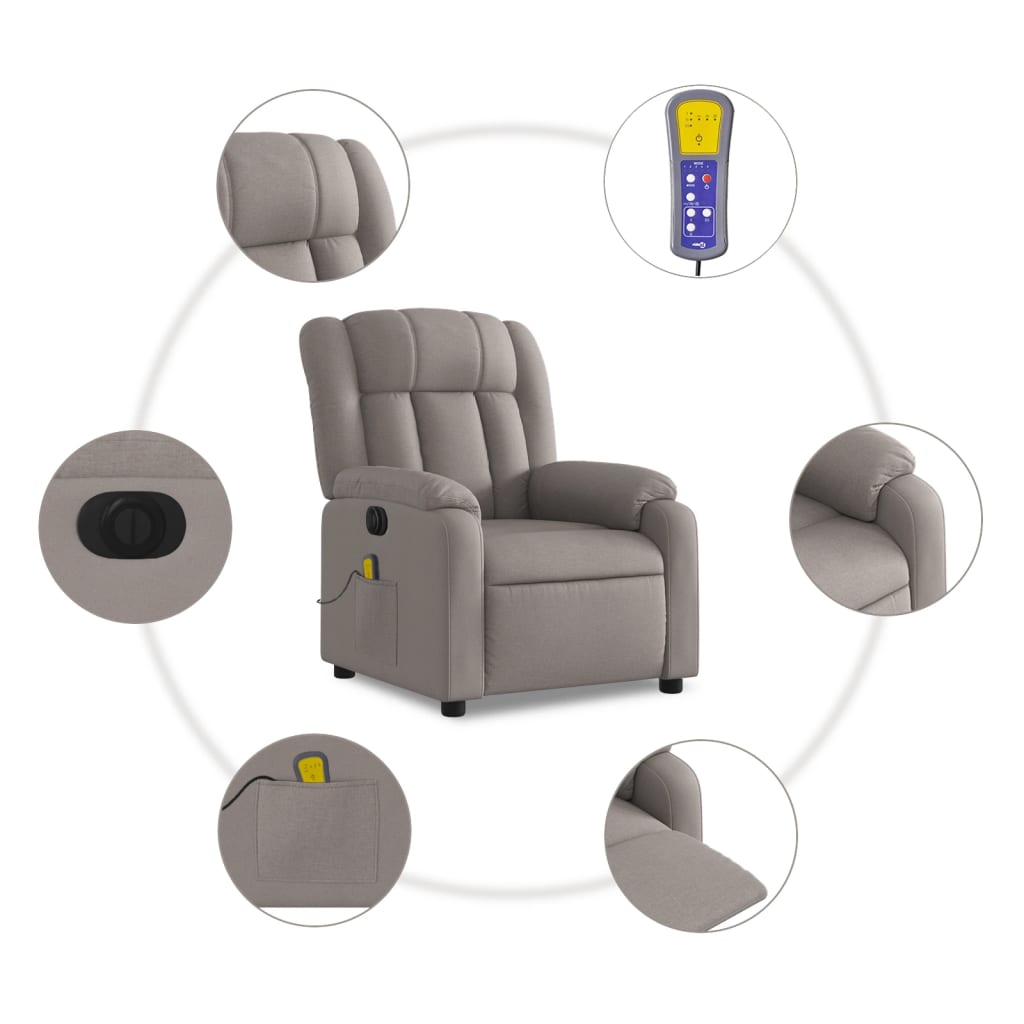 vidaXL Sillón reclinable de masaje eléctrico tela gris taupe