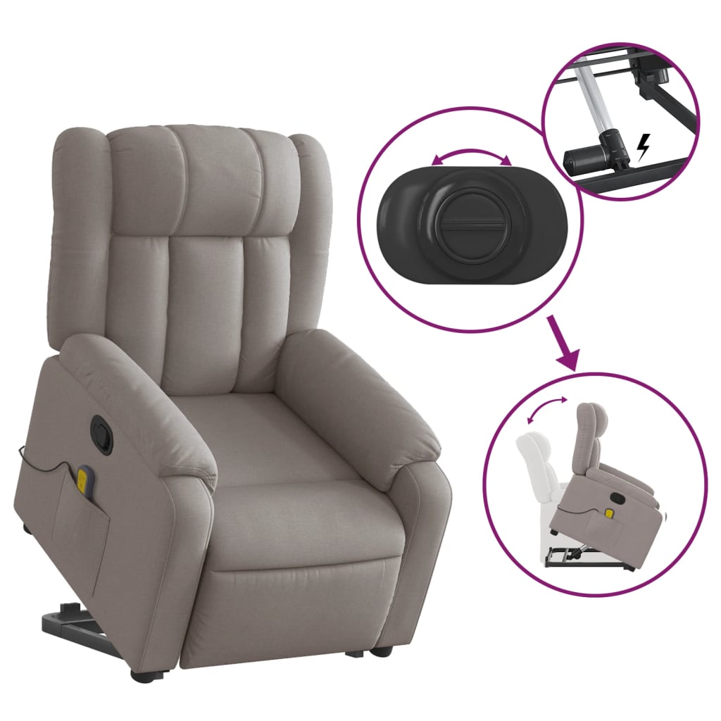 vidaXL Sillón reclinable de masaje elevable tela gris taupé