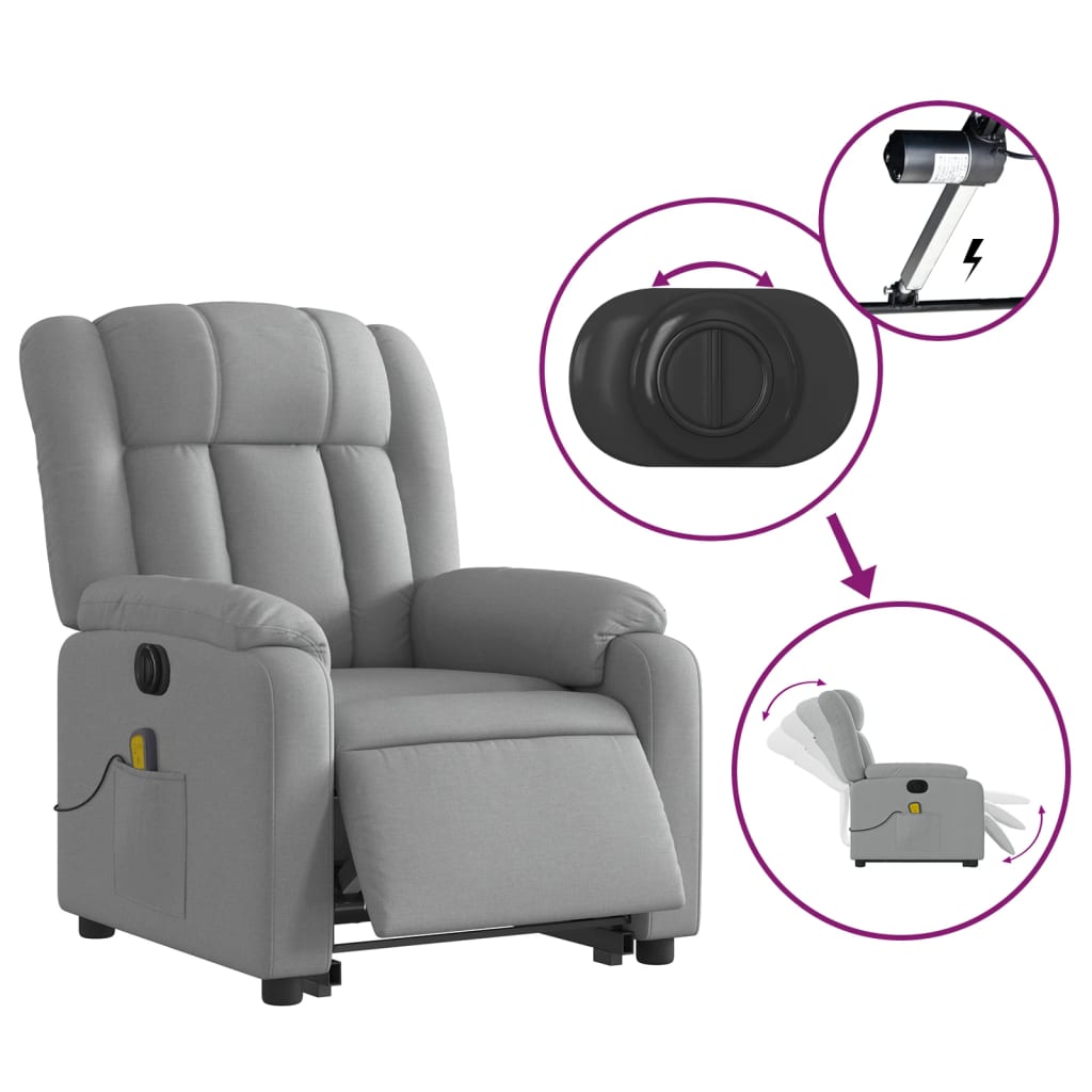 vidaXL Sillón de masaje eléctrico reclinable elevable tela gris claro