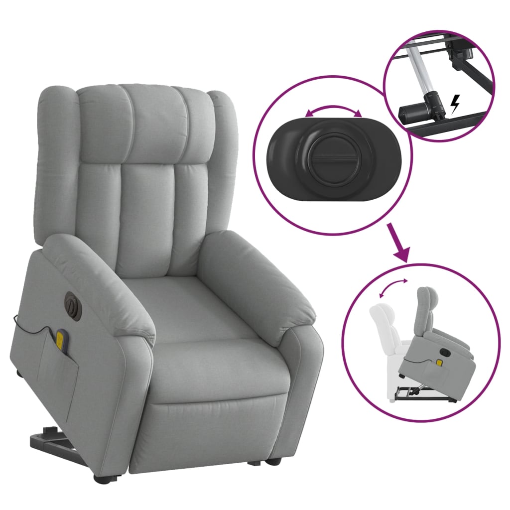 vidaXL Sillón de masaje eléctrico reclinable elevable tela gris claro