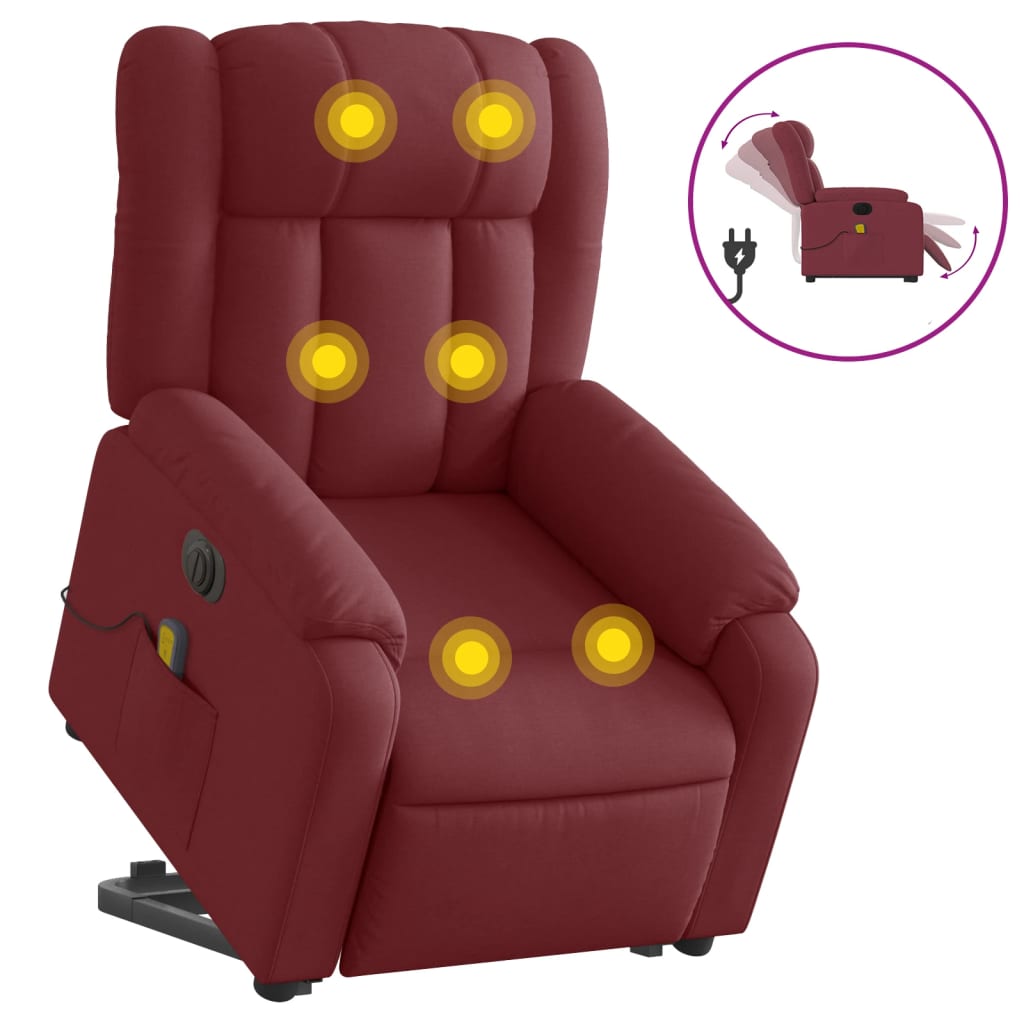 vidaXL Sillón de masaje elevable eléctrico tela rojo tinto