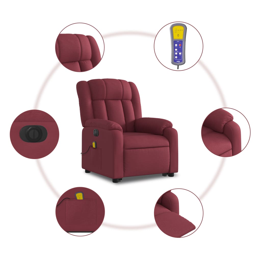 vidaXL Sillón de masaje elevable eléctrico tela rojo tinto