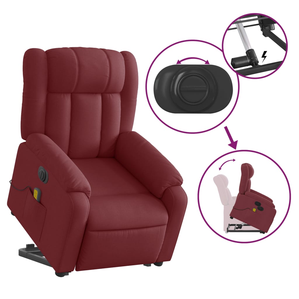 vidaXL Sillón de masaje elevable eléctrico tela rojo tinto