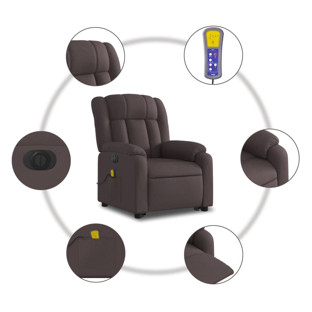 vidaXL Sillón masaje eléctrico reclinable elevable tela marrón oscuro