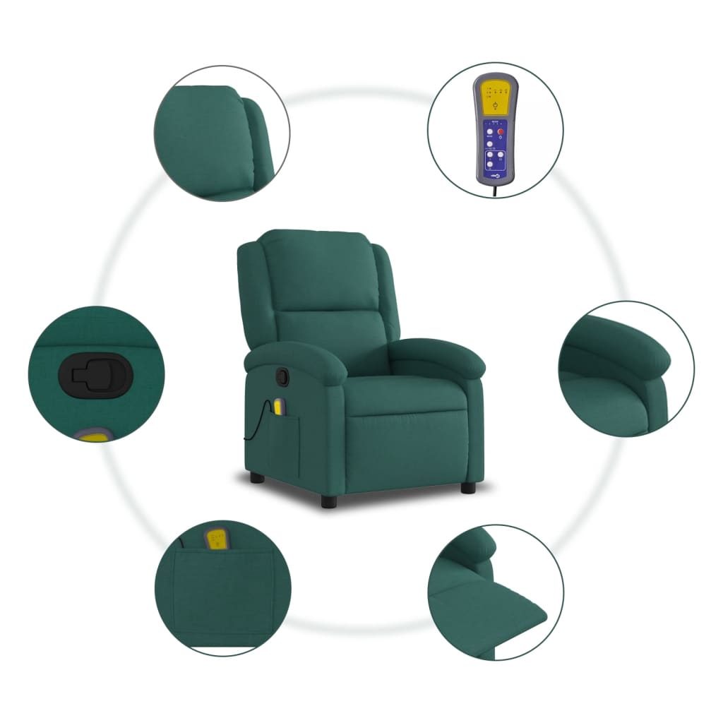 vidaXL Sillón de masaje reclinable de tela verde oscuro