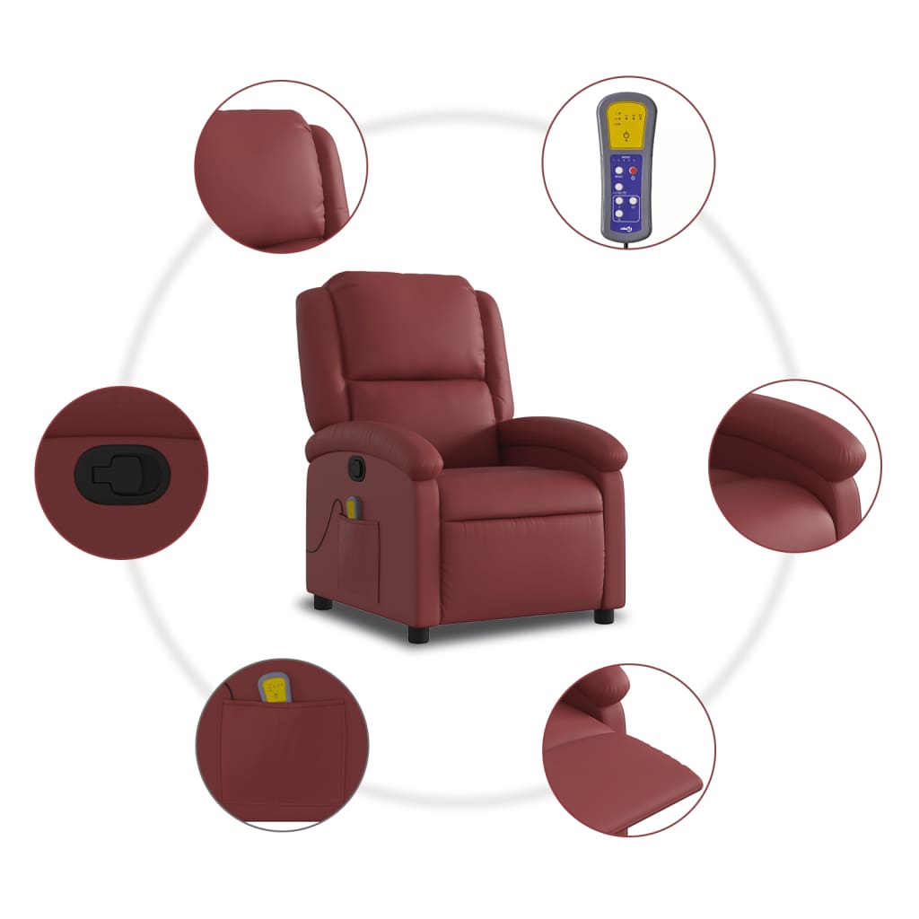 vidaXL Sillón de masaje reclinable cuero sintético rojo tinto