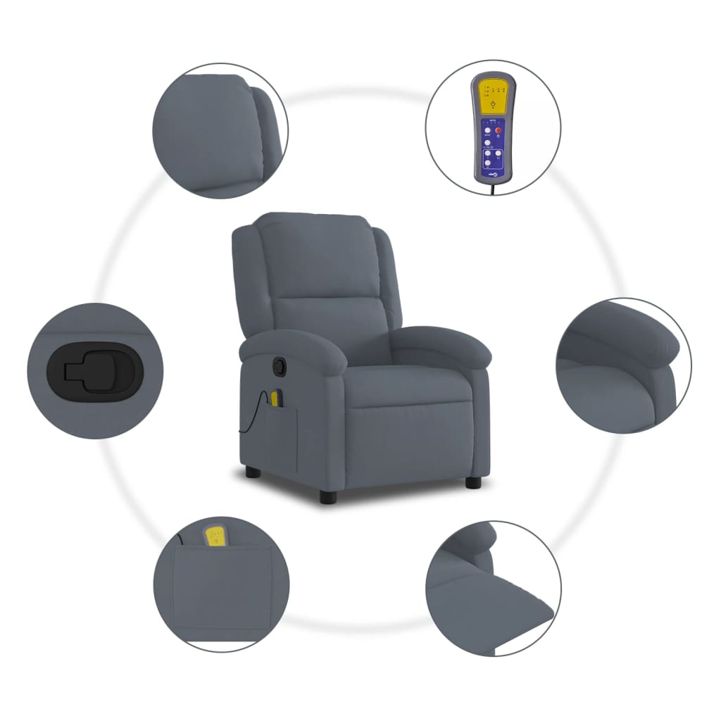 vidaXL Sillón de masaje reclinable de terciopelo gris oscuro