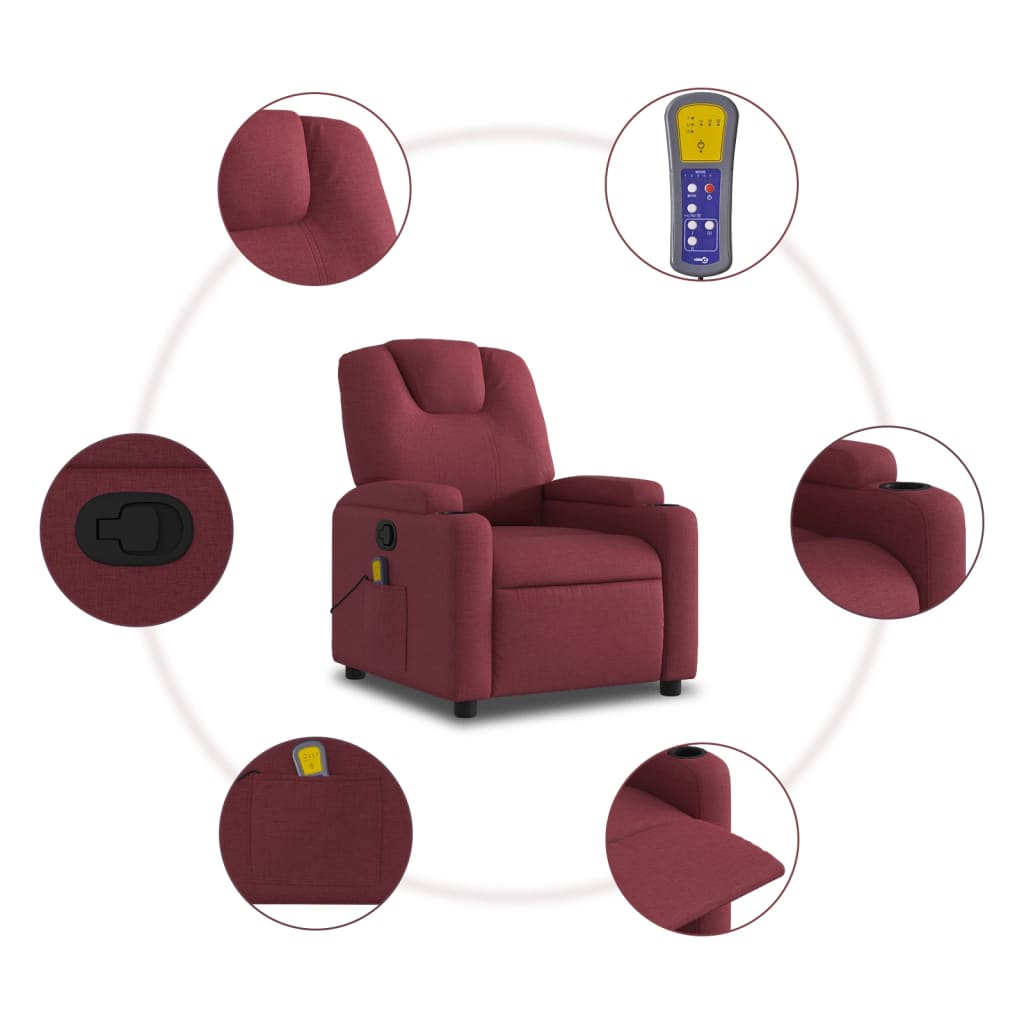 vidaXL Sillón de masaje reclinable de tela color vino tinto