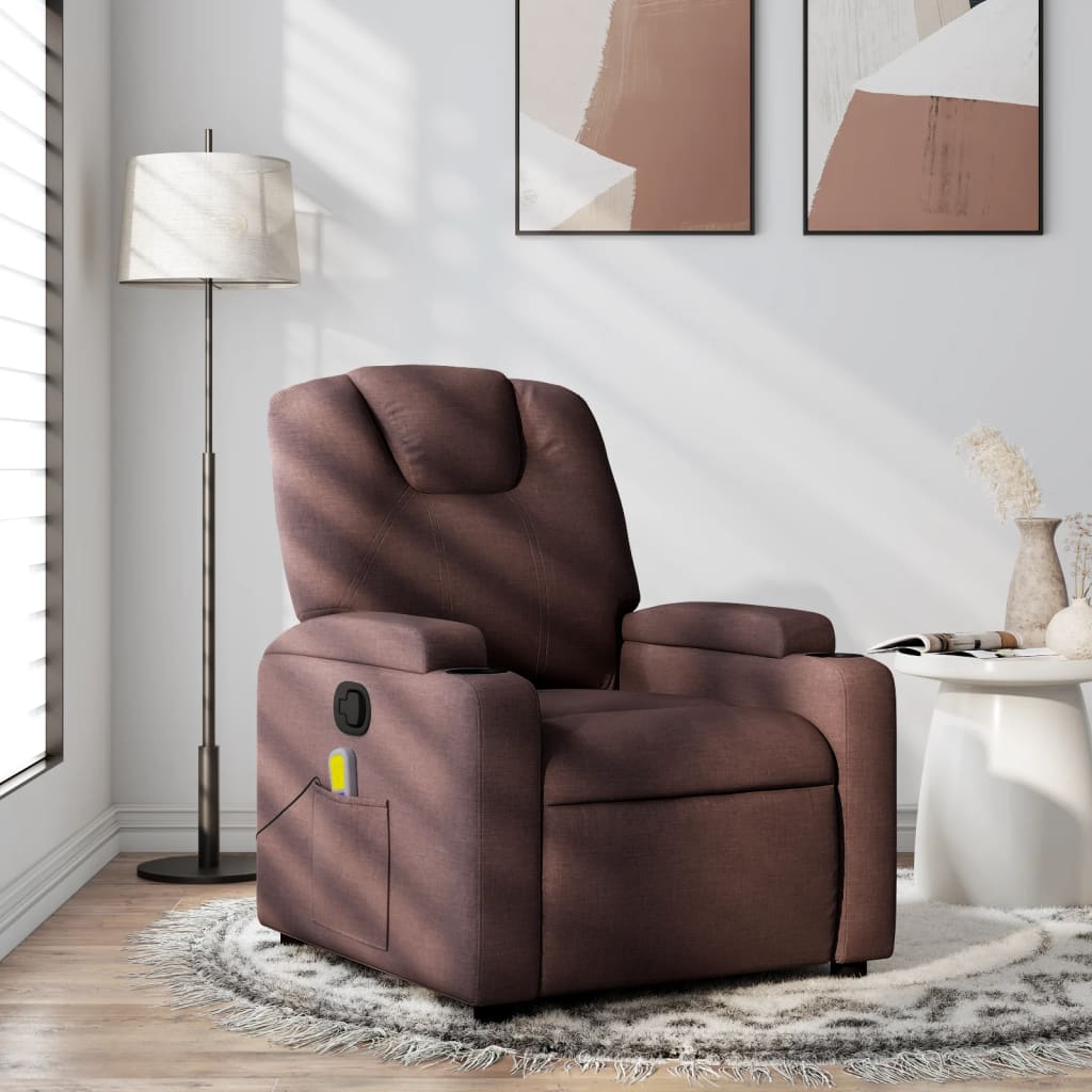 vidaXL Sillón de masaje reclinable de tela marrón oscuro