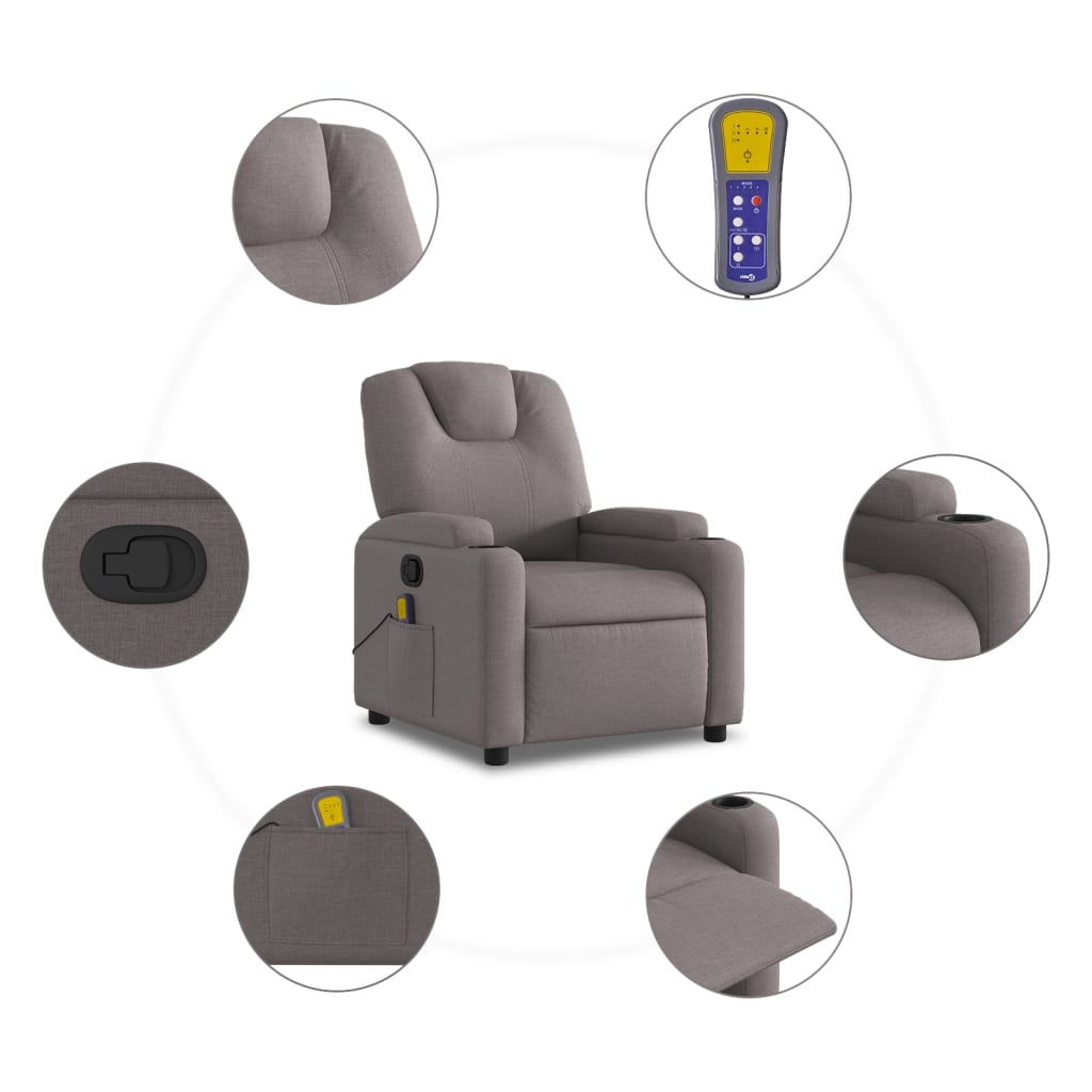 vidaXL Sillón de masaje reclinable de tela gris taupé